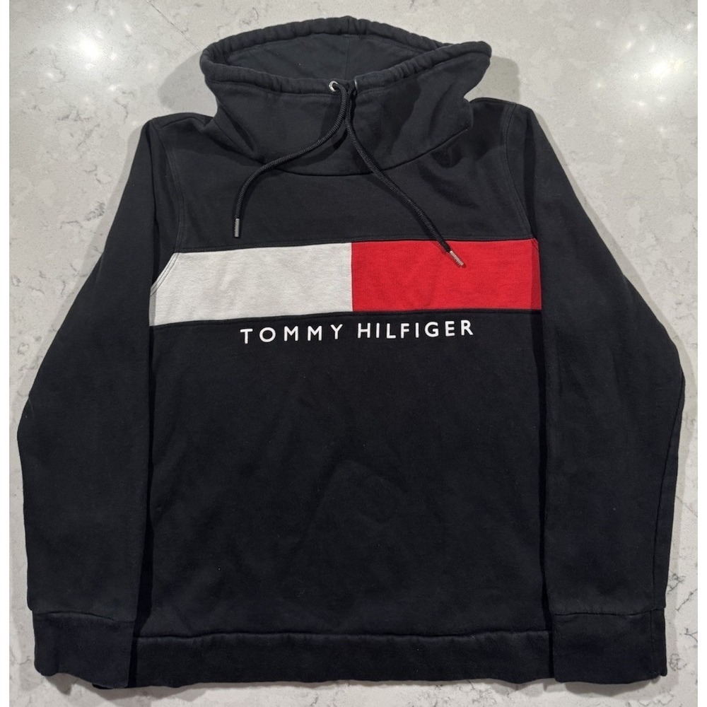 Tommy Hilfiger Sweatshirt Womens Medium Black Funnel Cowl Neck Flag Pullover